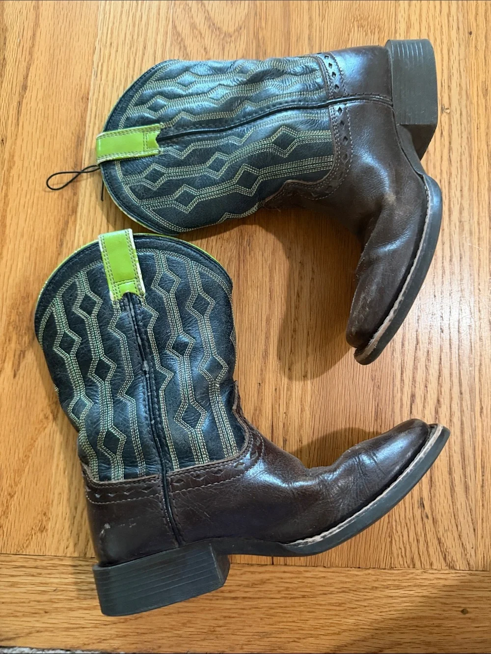 Ariat Brown Kids Western Boots with Lime Green Pull Tabs